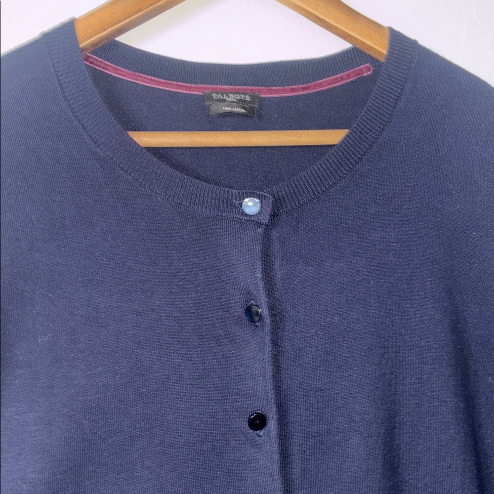 Talbots Navy Blue Cardigan Sweater Pima Cotton Lycra Dark Academia Office Work - Picture 4 of 5